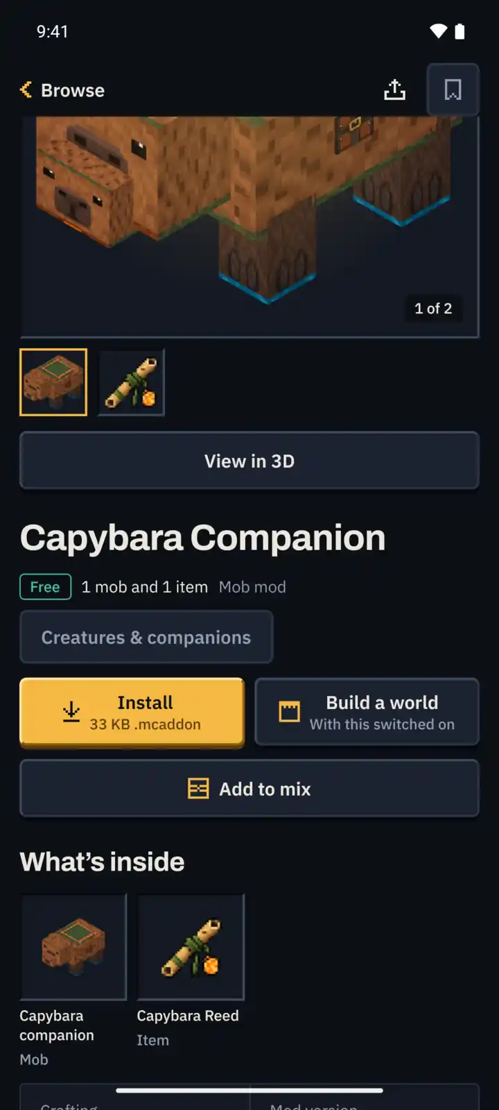 A mod’s page in the ModChest app with its images, category, contents and the Install, Build a world and Add to mix buttons