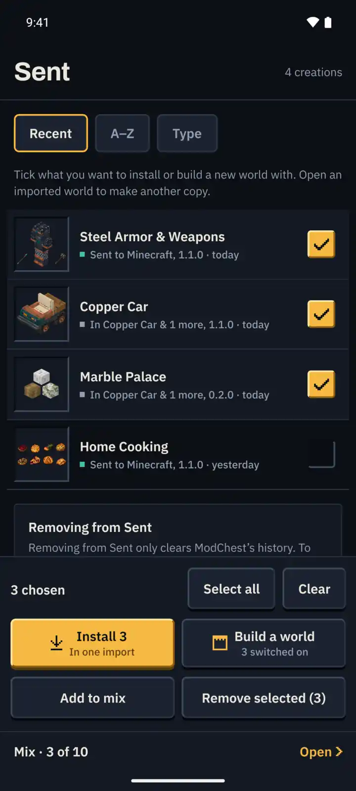 The Sent tab in the ModChest app: packs sent to Minecraft, three of them ticked to install in one import or start a new world with