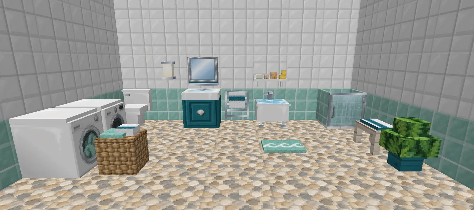 A Minecraft bathroom with white and seafoam tile, a shower stall, a clawfoot tub, a vanity sink with a mirror cabinet, a toilet and a washing machine and dryer