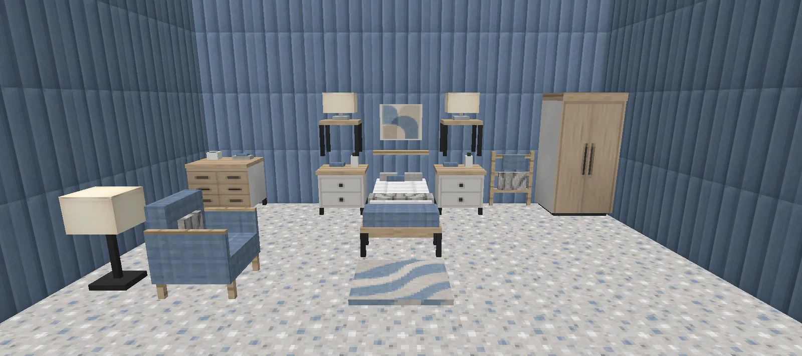 A modern Minecraft bedroom with blue paneled walls, a linen platform bed between two nightstands with lamps, a wardrobe, a dresser and a reading chair