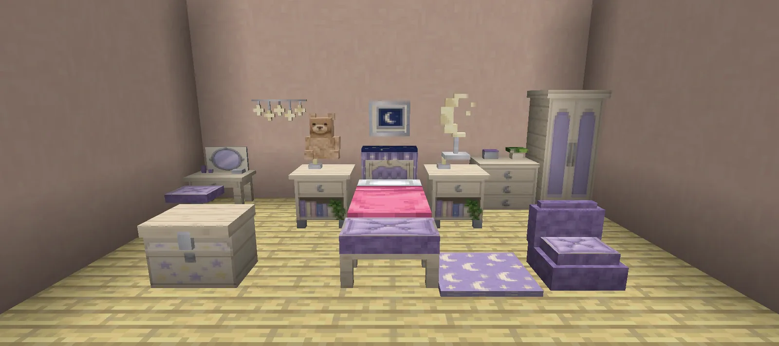 A Minecraft bedroom in lilac and pale birch with a pink bed under a canopy headboard, two nightstands, a moon lamp, a plush bear, a wardrobe and a vanity table