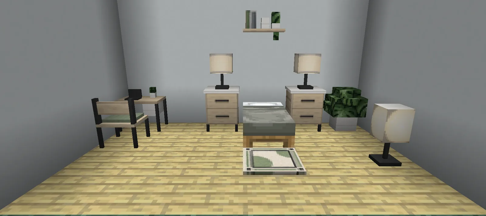 A simple Minecraft bedroom with a gray bed between two birch nightstands with lamps, a floating shelf, a desk and chair and a globe floor lamp