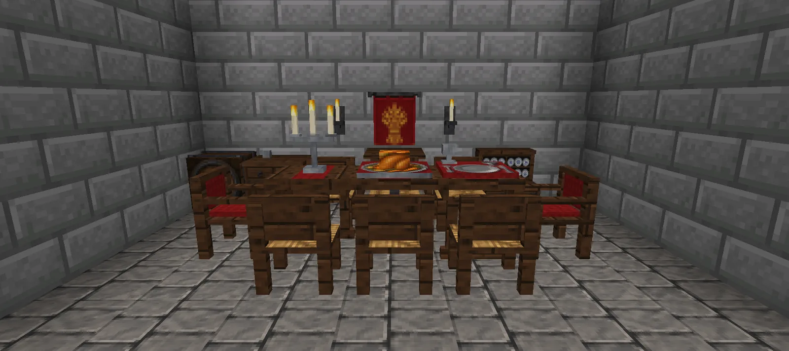 A Minecraft medieval dining hall with stone brick walls, a long banquet table with a roast and a candelabra, six chairs, two armchairs and a stone hearth under a banner