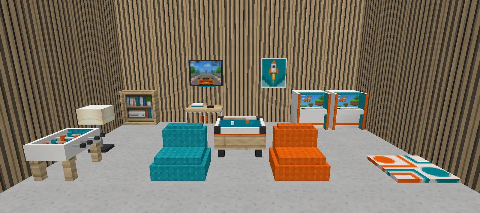 A Minecraft games room with oak slat walls, two arcade cabinets, a big screen TV, a pool table, orange and teal bean bags and a foosball table