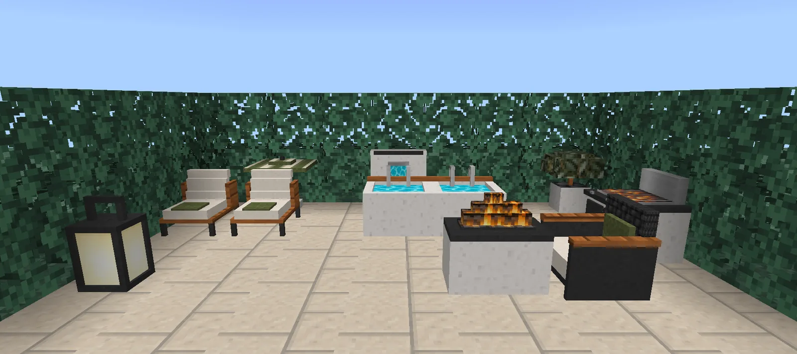 A modern Minecraft pool terrace on stone pavers with two plunge pools before a water wall, sun loungers, a concrete fire table and an outdoor grill