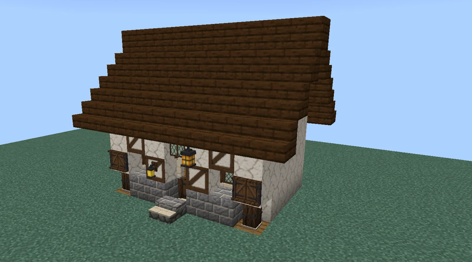 A Minecraft medieval house with whitewashed daub and timber framing on a stone plinth, a dark oak roof, an iron-banded door under a stone arch and leaded windows