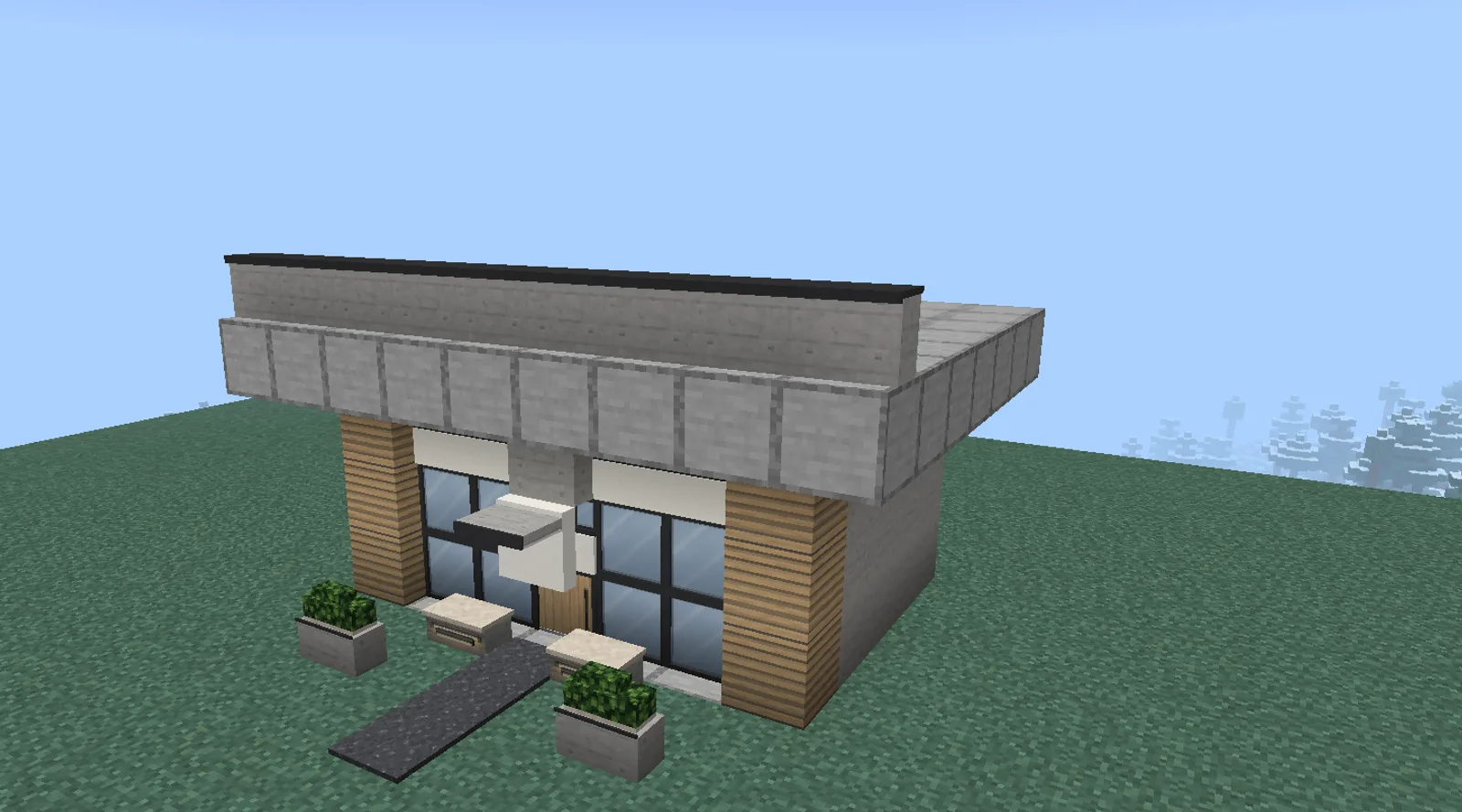 A modern Minecraft house with concrete walls, oak slat cladding, floor-to-ceiling glazing either side of a pivot door and a flat roof