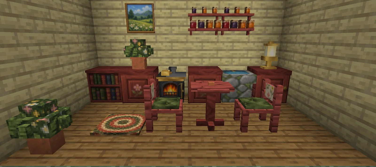 A small Minecraft cottage kitchen with cherry wood cupboards, a lit cook stove, a stone sink, a jam shelf and a round table with two chairs
