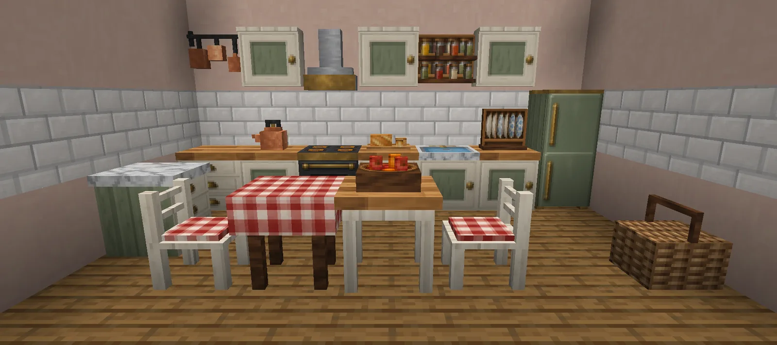 A Minecraft farmhouse kitchen with sage cabinets, white subway tile, an iron range under a hood, a green icebox fridge and a table with a red gingham cloth