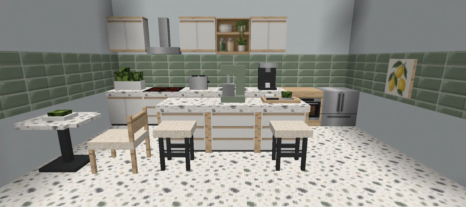 A modern Minecraft kitchen with white cabinets, a sage tile splashback, a terrazzo island with two bar stools and a steel fridge