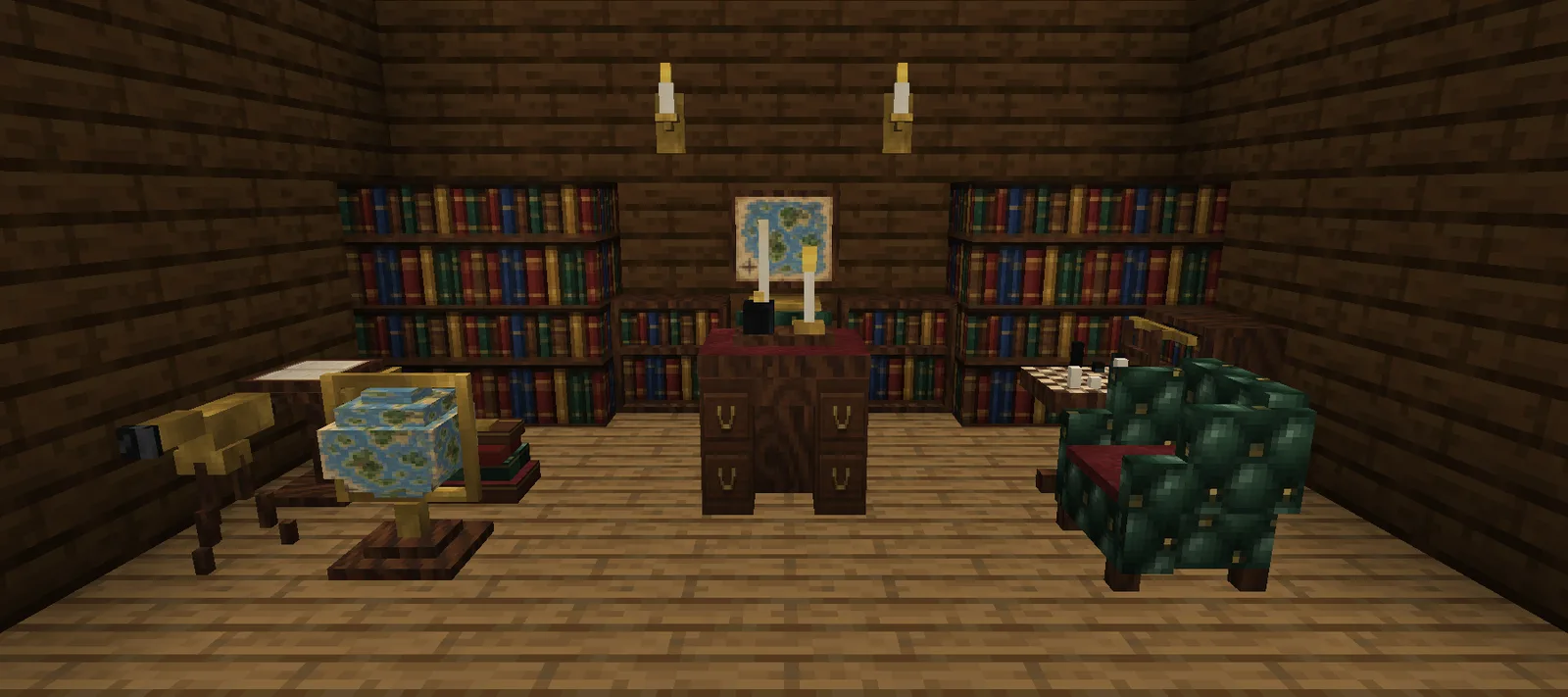 A Minecraft library with dark wood walls, two-high bookshelf walls, a grandfather clock, a partners desk with a candle set, a wingback armchair and a standing globe
