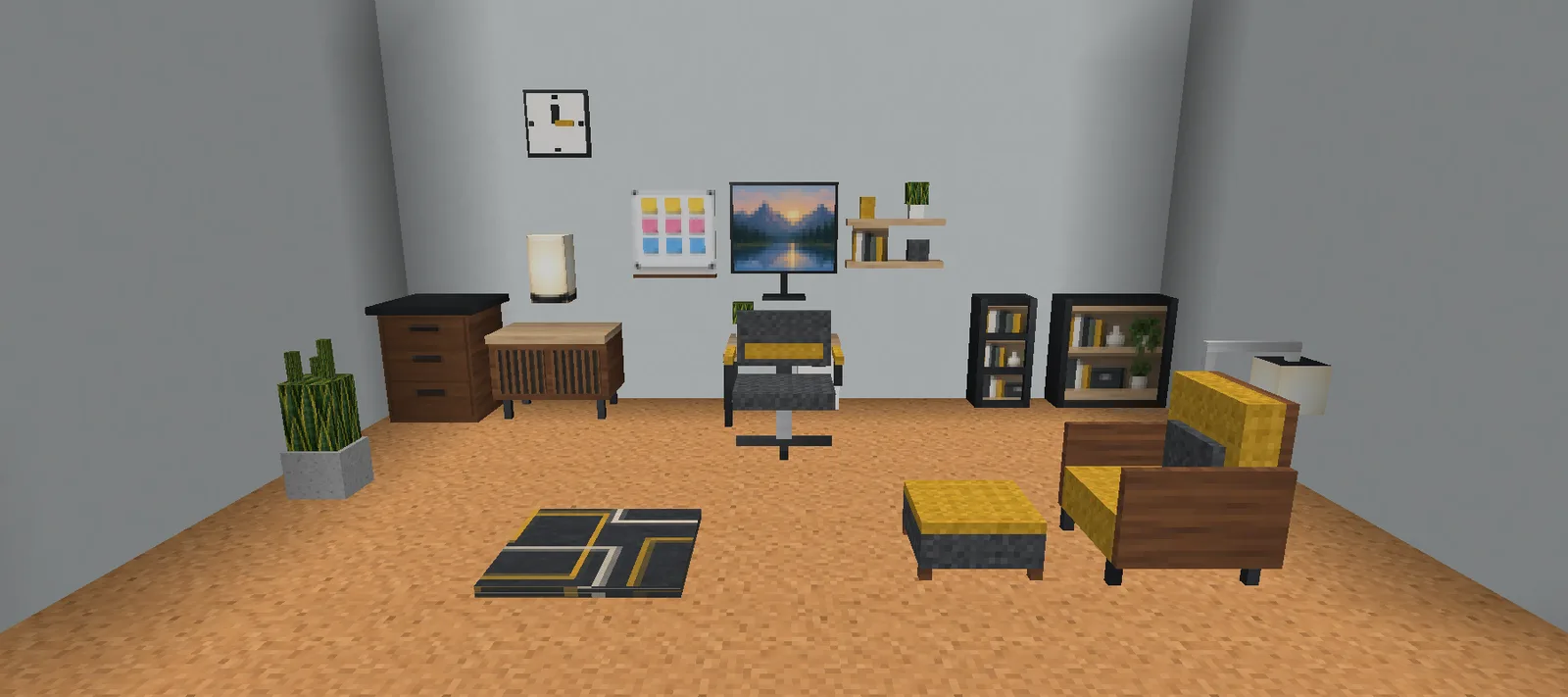 A modern Minecraft study with a corner desk and monitor, an ergonomic chair, a bookcase, a filing cabinet, a planning board and a mustard lounge chair
