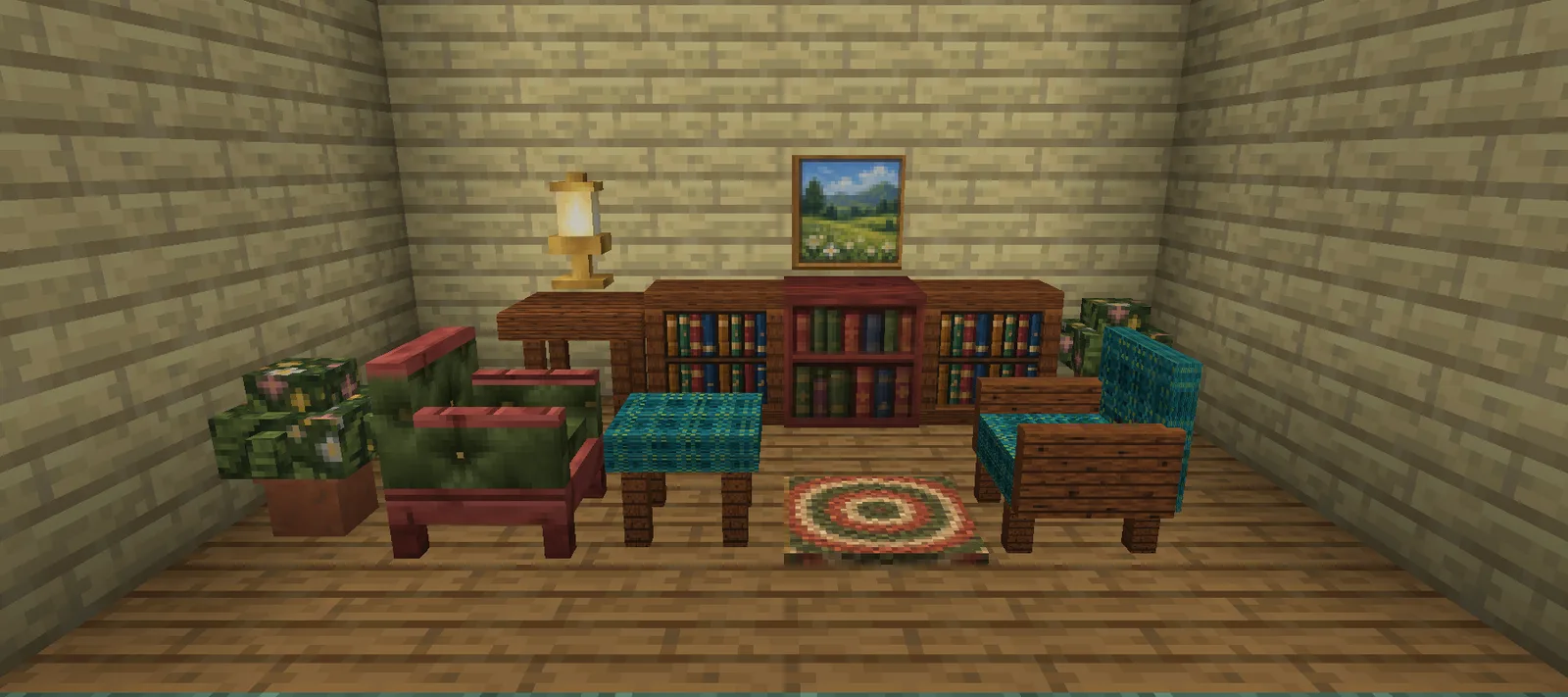 A cozy Minecraft living room with chestnut bookcases, a cherry bookshelf under a framed painting, two armchairs and a braided rug