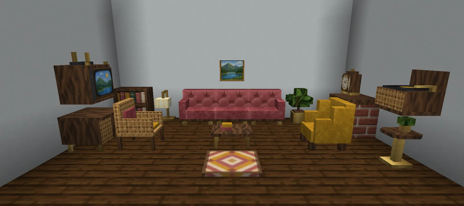 A mid-century Minecraft living room with a pink sofa, a wingback chair and a rattan chair around a coffee table, a brick fireplace and a TV console