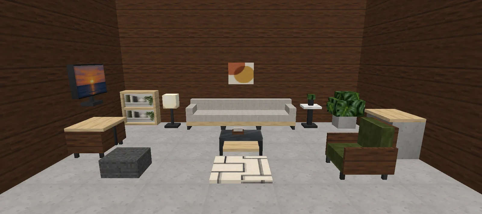 A modern Minecraft living room with walnut paneled walls, a long gray sofa, a glass coffee table, a TV on a media console and a velvet lounge chair